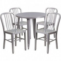 MFO 30'' Round Silver Metal Indoor-Outdoor Table Set with 4 Vertical Slat Back Chairs