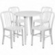 MFO 30'' Round White Metal Indoor-Outdoor Table Set with 4 Vertical Slat Back Chairs