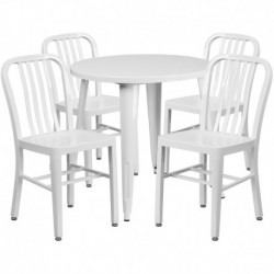 MFO 30'' Round White Metal Indoor-Outdoor Table Set with 4 Vertical Slat Back Chairs