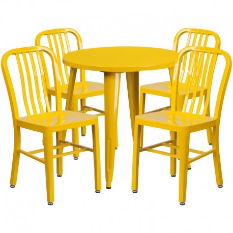 MFO 30'' Round Yellow Metal Indoor-Outdoor Table Set with 4 Vertical Slat Back Chairs