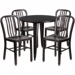 MFO 30'' Round Black-Antique Gold Metal Indoor-Outdoor Table Set with 4 Vertical Slat Back Chairs