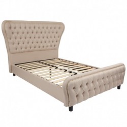 MFO Luna Collection Full Size Bed with Gold Accent Nail Trim in Beige Fabric
