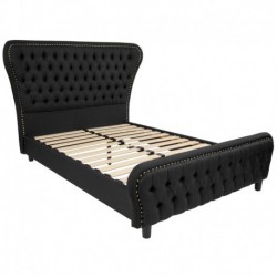 MFO Luna Collection Full Size Bed with Gold Accent Nail Trim in Black Fabric