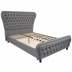 MFO Luna Collection Full Size Bed with Silver Accent Nail Trim in Light Gray Fabric