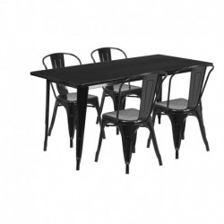 MFO 31.5'' x 63'' Rectangular Black Metal Indoor-Outdoor Table Set with 4 Stack Chairs