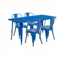 MFO 31.5'' x 63'' Rectangular Blue Metal Indoor-Outdoor Table Set with 4 Stack Chairs