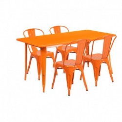 MFO 31.5'' x 63'' Rectangular Orange Metal Indoor-Outdoor Table Set with 4 Stack Chairs