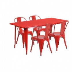 MFO 31.5'' x 63'' Rectangular Red Metal Indoor-Outdoor Table Set with 4 Stack Chairs