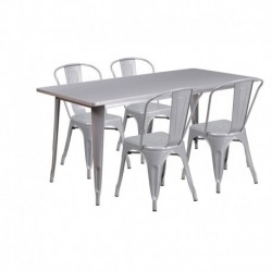 MFO 31.5'' x 63'' Rectangular Silver Metal Indoor-Outdoor Table Set with 4 Stack Chairs