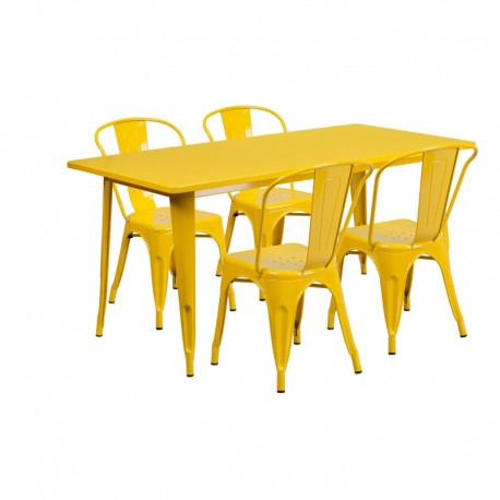 MFO 31.5'' x 63'' Rectangular Yellow Metal Indoor-Outdoor Table Set with 4 Stack Chairs