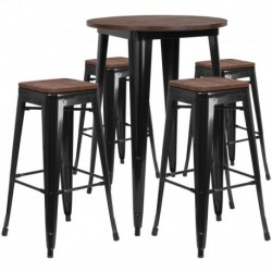 MFO 30" Round Black Metal Bar Table Set with Wood Top and 4 Backless Stools