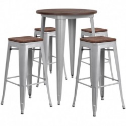 MFO 30" Round Silver Metal Bar Table Set with Wood Top and 4 Backless Stools
