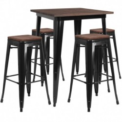 MFO 31.5" Square Black Metal Bar Table Set with Wood Top and 4 Backless Stools