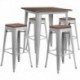 MFO 31.5" Square Silver Metal Bar Table Set with Wood Top and 4 Backless Stools