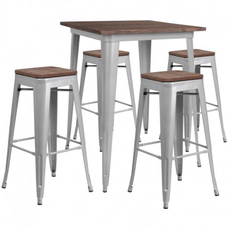 MFO 31.5" Square Silver Metal Bar Table Set with Wood Top and 4 Backless Stools