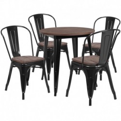 MFO 26" Round Black Metal Table Set with Wood Top and 4 Stack Chairs