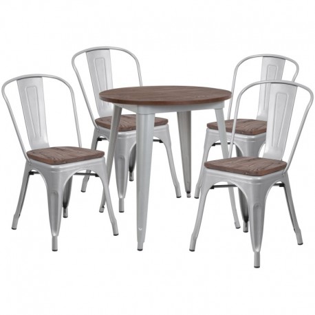 MFO 26" Round Silver Metal Table Set with Wood Top and 4 Stack Chairs