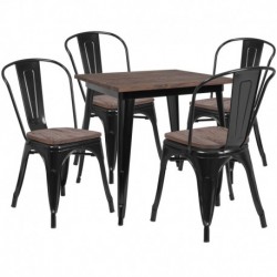 MFO 31.5" Square Black Metal Table Set with Wood Top and 4 Stack Chairs