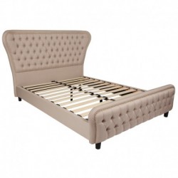 MFO Luna Collection Queen Size Bed with Gold Accent Nail Trim in Beige Fabric