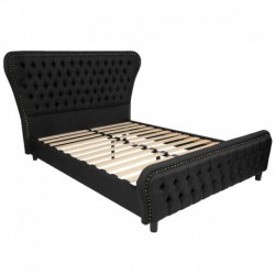 MFO Luna Collection Queen Size Bed with Gold Accent Nail Trim in Black Fabric
