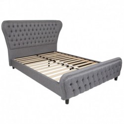 MFO Luna Collection Queen Size Bed with Silver Accent Nail Trim in Light Gray Fabric