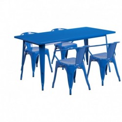 MFO 31.5'' x 63'' Rectangular Blue Metal Indoor-Outdoor Table Set with 4 Arm Chairs