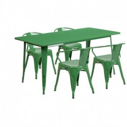 MFO 31.5'' x 63'' Rectangular Green Metal Indoor-Outdoor Table Set with 4 Arm Chairs