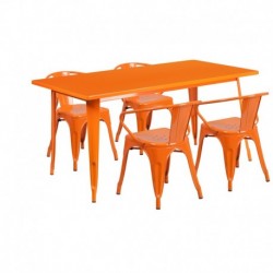 MFO 31.5'' x 63'' Rectangular Orange Metal Indoor-Outdoor Table Set with 4 Arm Chairs