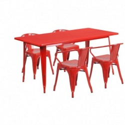 MFO 31.5'' x 63'' Rectangular Red Metal Indoor-Outdoor Table Set with 4 Arm Chairs