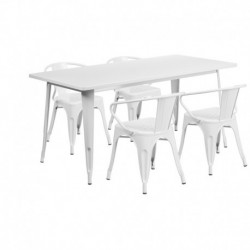 MFO 31.5'' x 63'' Rectangular White Metal Indoor-Outdoor Table Set with 4 Arm Chairs