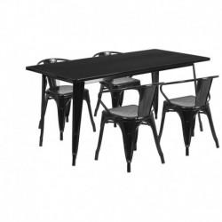 MFO 31.5'' x 63'' Rectangular Black Metal Indoor-Outdoor Table Set with 4 Arm Chairs