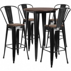 MFO 30" Round Black Metal Bar Table Set with Wood Top and 4 Stools