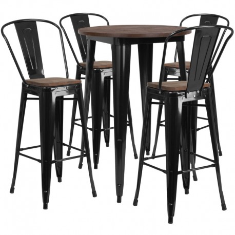 MFO 30" Round Black Metal Bar Table Set with Wood Top and 4 Stools