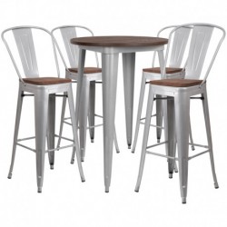 MFO 30" Round Silver Metal Bar Table Set with Wood Top and 4 Stools