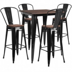 MFO 31.5" Square Black Metal Bar Table Set with Wood Top and 4 Stools