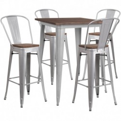 MFO 31.5" Square Silver Metal Bar Table Set with Wood Top and 4 Stools