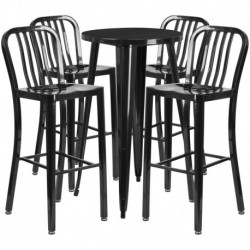 MFO 24'' Round Black Metal Indoor-Outdoor Bar Table Set with 4 Vertical Slat Back Stools