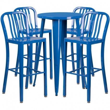 MFO 24'' Round Blue Metal Indoor-Outdoor Bar Table Set with 4 Vertical Slat Back Stools