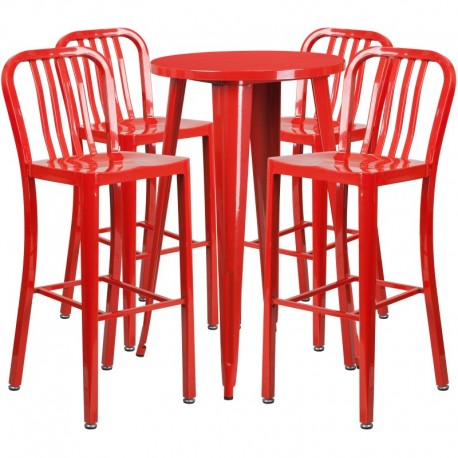 MFO 24'' Round Red Metal Indoor-Outdoor Bar Table Set with 4 Vertical Slat Back Stools