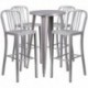 MFO 24'' Round Silver Metal Indoor-Outdoor Bar Table Set with 4 Vertical Slat Back Stools