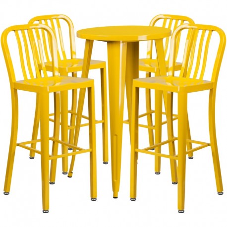 MFO 24'' Round Yellow Metal Indoor-Outdoor Bar Table Set with 4 Vertical Slat Back Stools