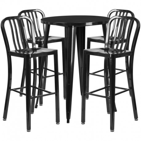 MFO 30'' Round Black Metal Indoor-Outdoor Bar Table Set with 4 Vertical Slat Back Stools