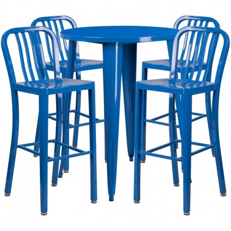 MFO 30'' Round Blue Metal Indoor-Outdoor Bar Table Set with 4 Vertical Slat Back Stools