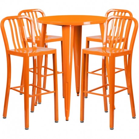 MFO 30'' Round Orange Metal Indoor-Outdoor Bar Table Set with 4 Vertical Slat Back Stools