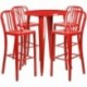 MFO 30'' Round Red Metal Indoor-Outdoor Bar Table Set with 4 Vertical Slat Back Stools
