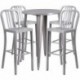 MFO 30'' Round Silver Metal Indoor-Outdoor Bar Table Set with 4 Vertical Slat Back Stools