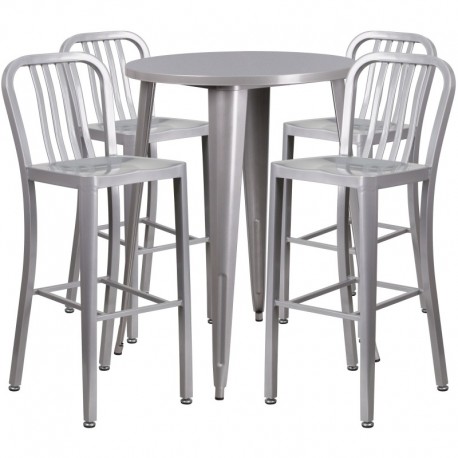MFO 30'' Round Silver Metal Indoor-Outdoor Bar Table Set with 4 Vertical Slat Back Stools