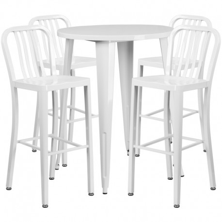 MFO 30'' Round White Metal Indoor-Outdoor Bar Table Set with 4 Vertical Slat Back Stools