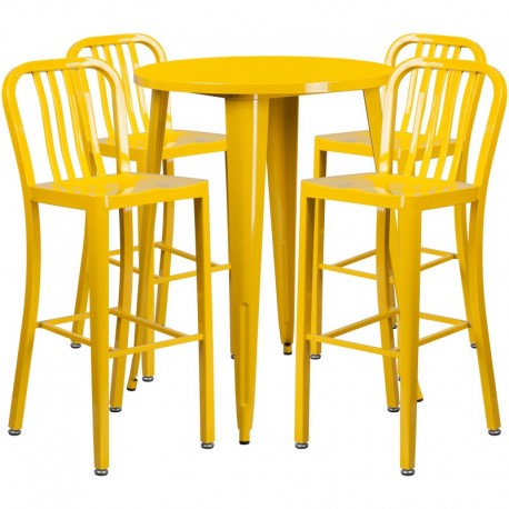MFO 30'' Round Yellow Metal Indoor-Outdoor Bar Table Set with 4 Vertical Slat Back Stools