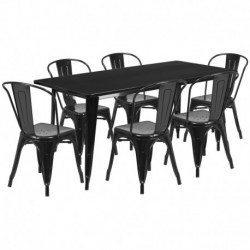 MFO 31.5'' x 63'' Rectangular Black Metal Indoor-Outdoor Table Set with 6 Stack Chairs